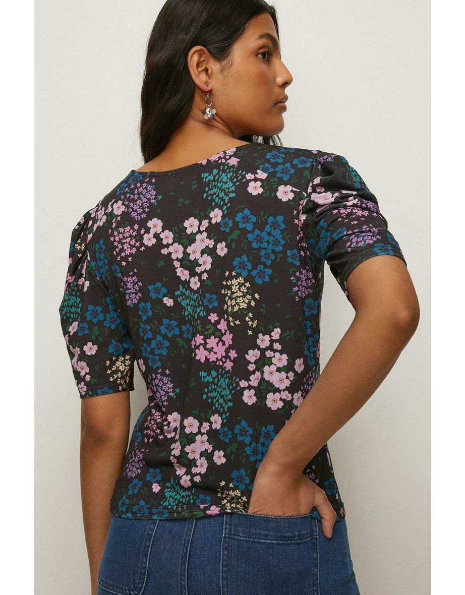 Slinky Jersey Floral Printed Ruched Sleeve Top - 2