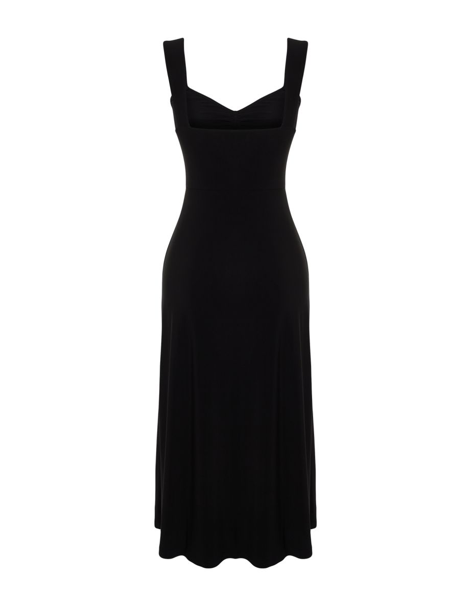 Black Sweetheart Neckline Gathered Strap Knitted Dress - 6