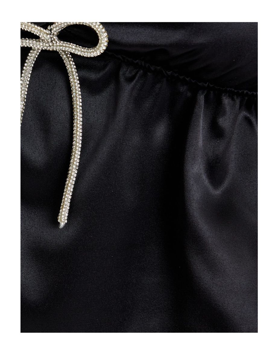 Crop Top Satin Pajama Top with Shiny Metallic Bow Detail - 5