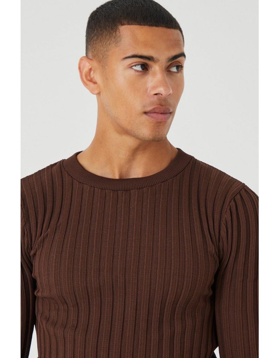 Muscle Fit Ribbed Long Sleeve Jumper - brown - 2