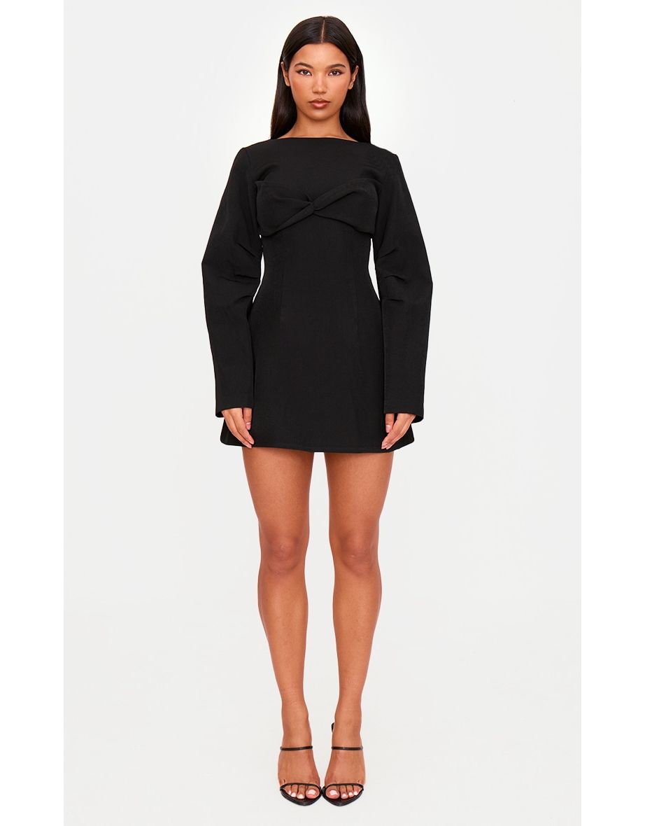 Black Woven Twist Detail Balloon Sleeve Dress