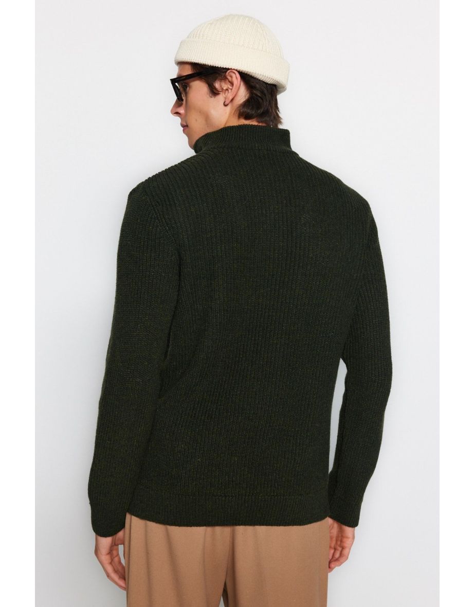 Khaki Regular Fit Zippered Turtleneck Knitwear Sweater - 7