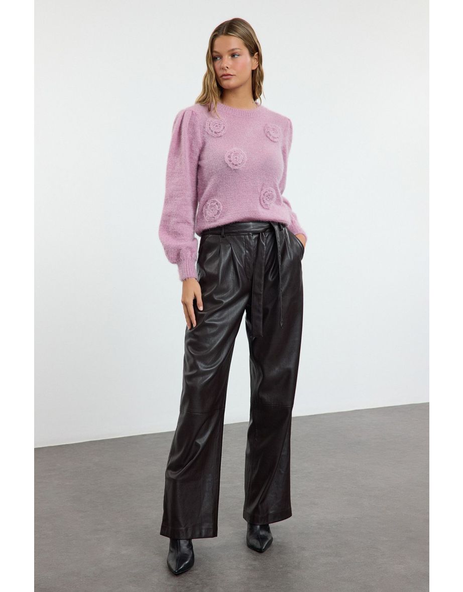 Pink Fuzzy Flower Embroidered Knitwear Sweater