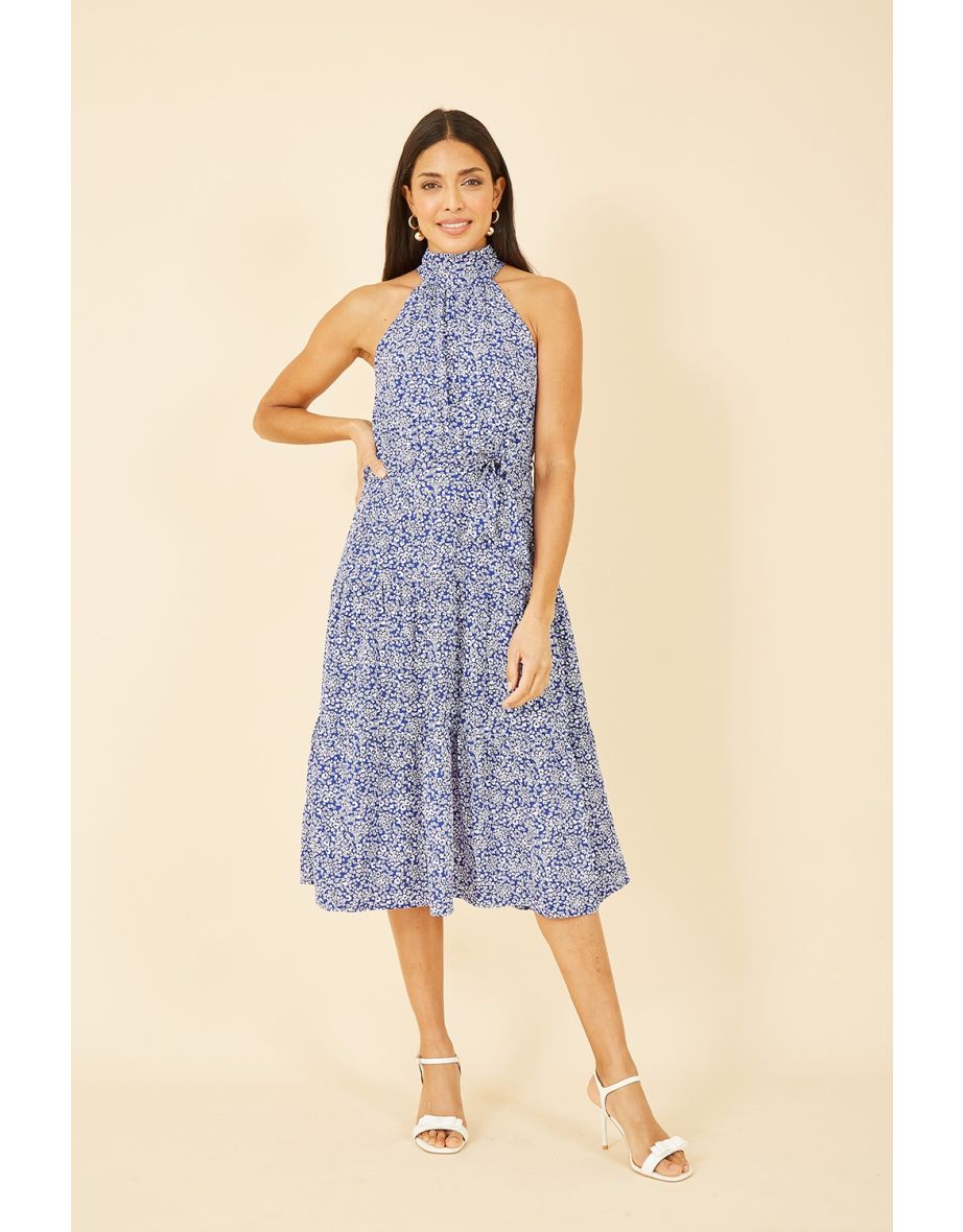 Mela Blue Ditsy Floral Halter Neck Midi Dress
