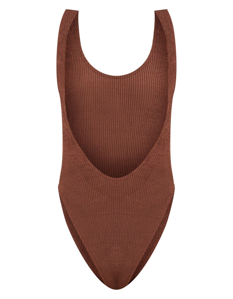 Brown Crinkle Scoop Back Swimsuit - 4