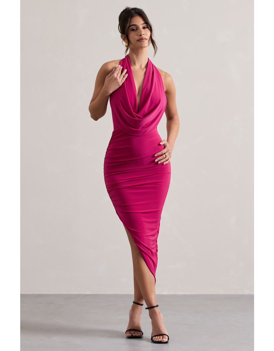 Hayley | Hot Pink Cowl-Neck Asymmetric Dress
