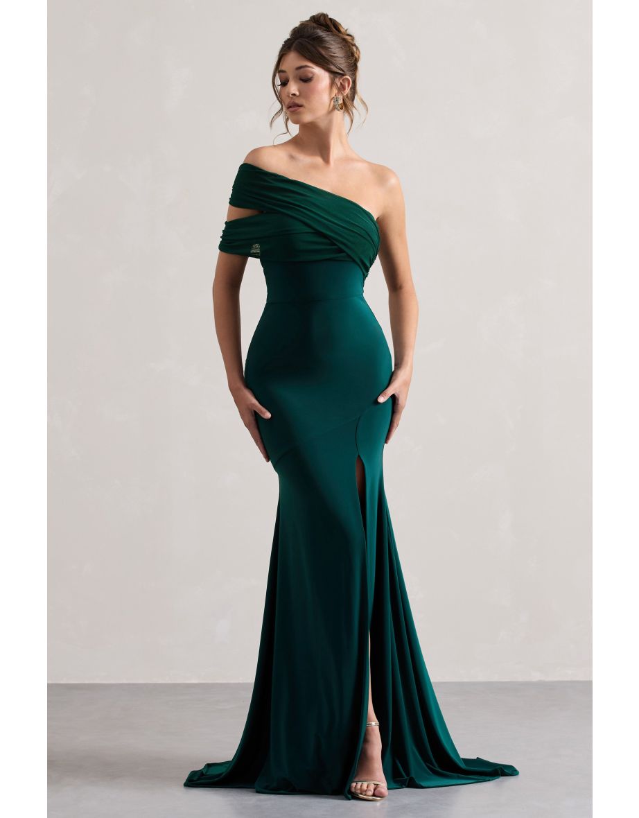 Fused | Bottle Green Asymmetric Bardot Split Floor Dress