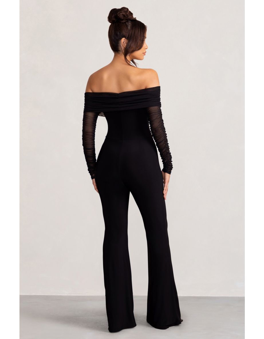 Black Ruched Mesh Bardot Jumpsuit - 2