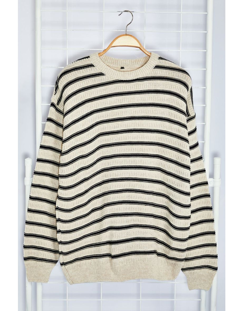 Beige Oversize Crew Neck Striped Knitwear Sweater - 7