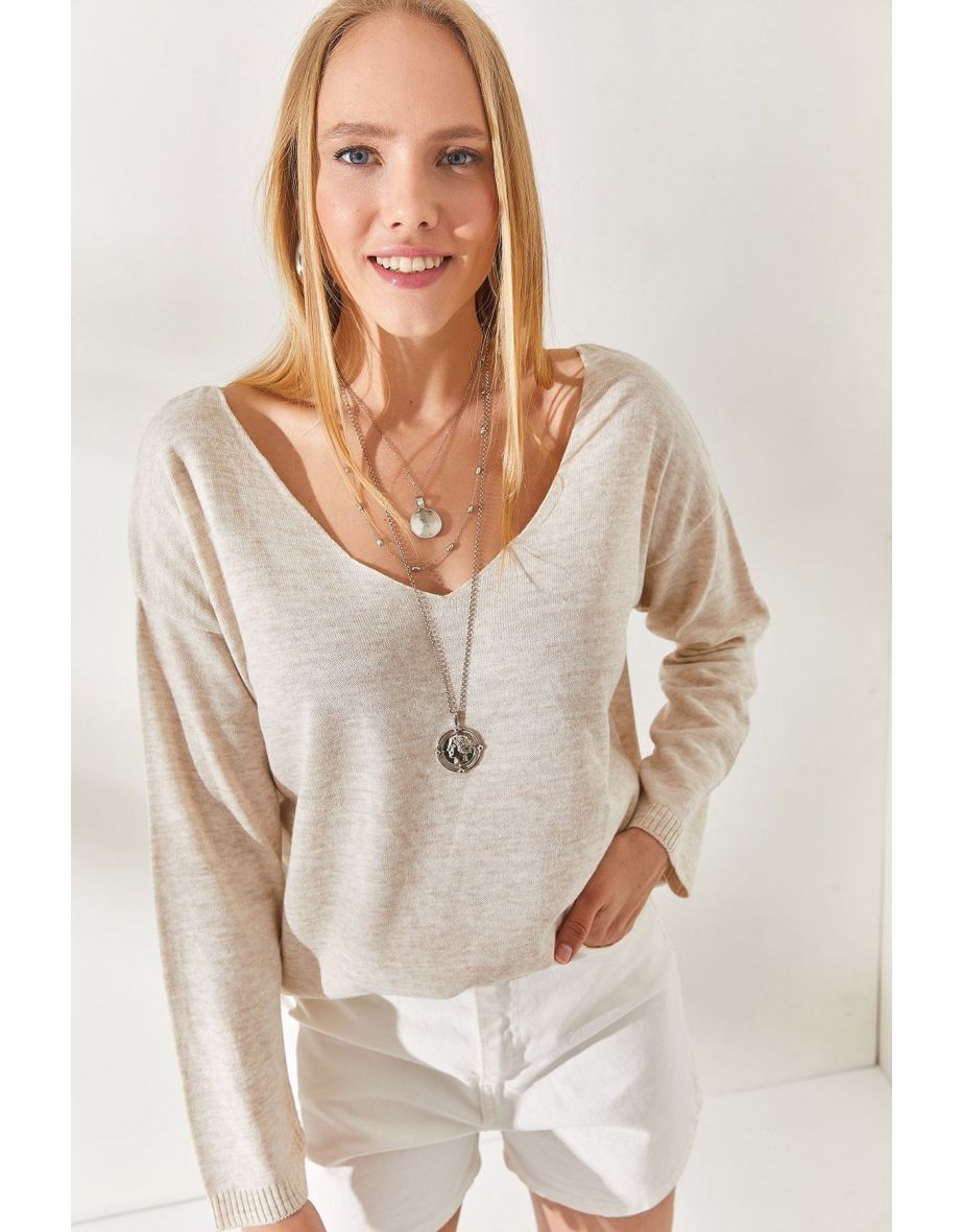 Stone V Neck Loose Knitwear Blouse
