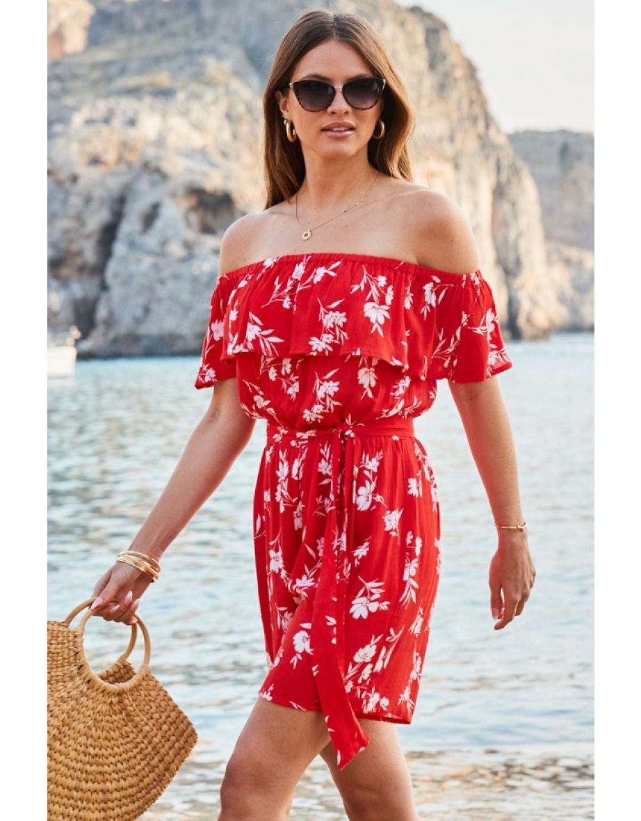 Shop Red Floral Print Ruffle Detail Bardot Playsuit Online in Bahrain VogaCloset