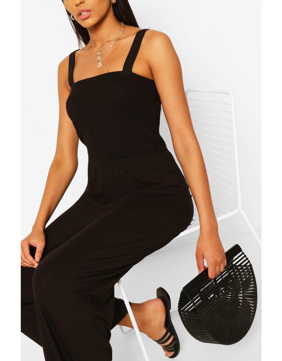 Shirred Strappy Wide Leg Casual Jumpsuit - black - 3