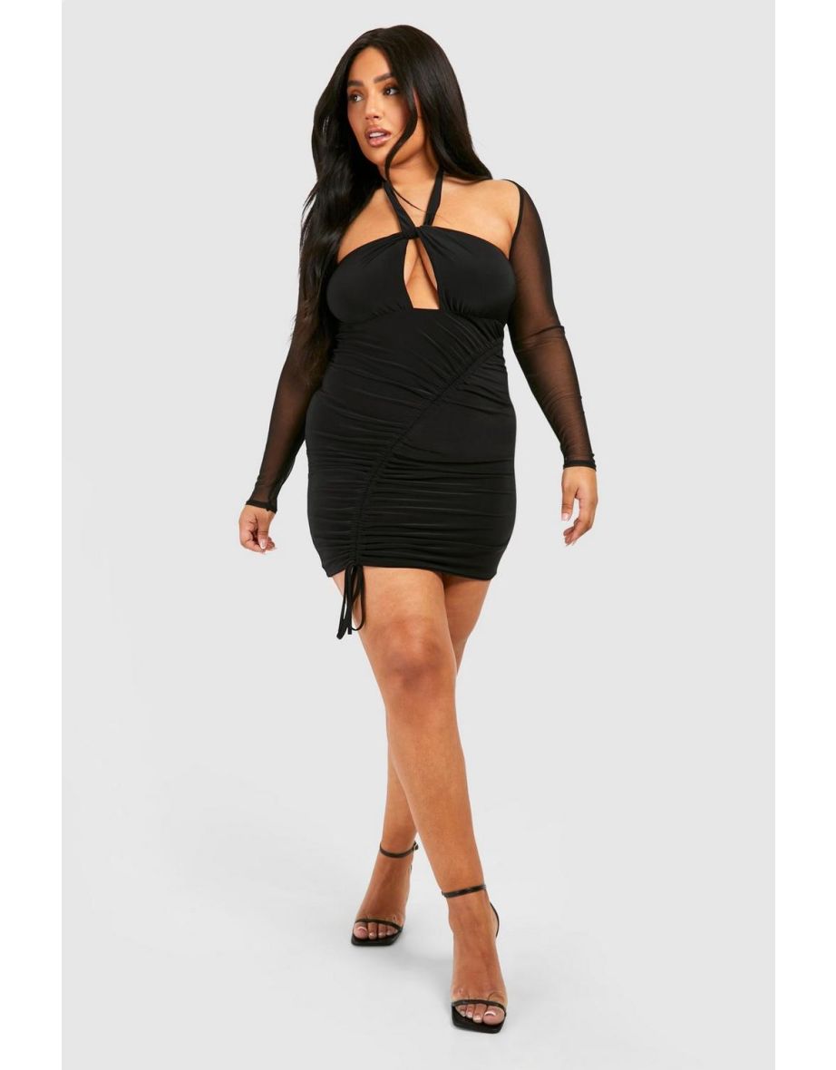 Plus Mesh Sleeve Double Slinky Bodycon Dress - black