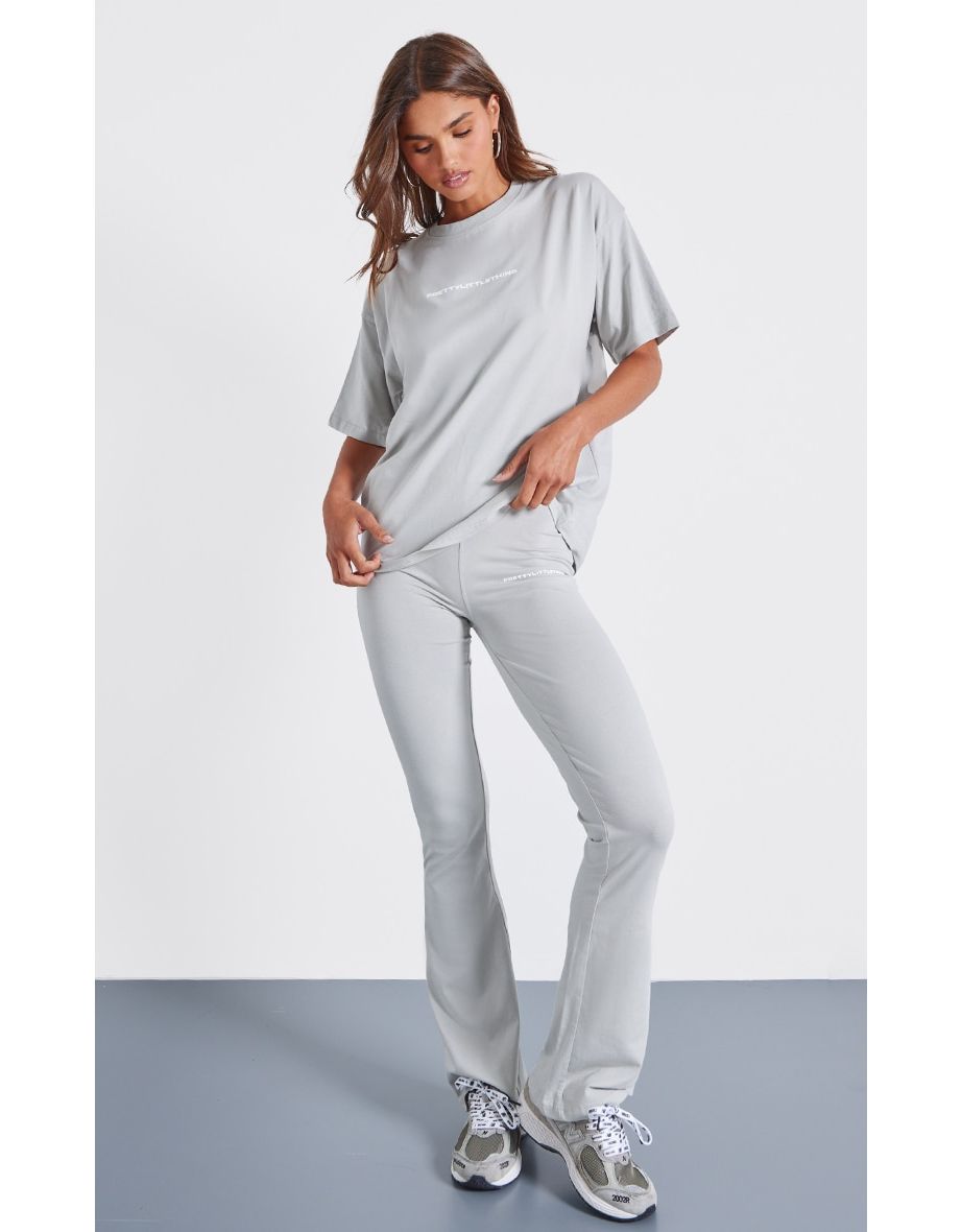 PRETTYLITTLETHING Pale Grey Printed Flared Trousers