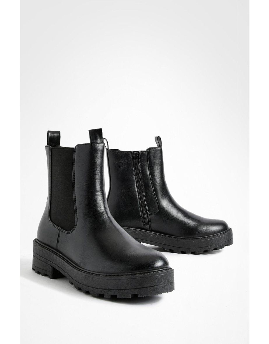 Wide Fit Double Tab Detail Chunky Chelsea Boots - black