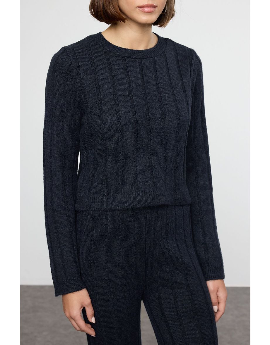 Navy Blue Crop Sweater-Pants Knitwear Bottom-Top Set - 4