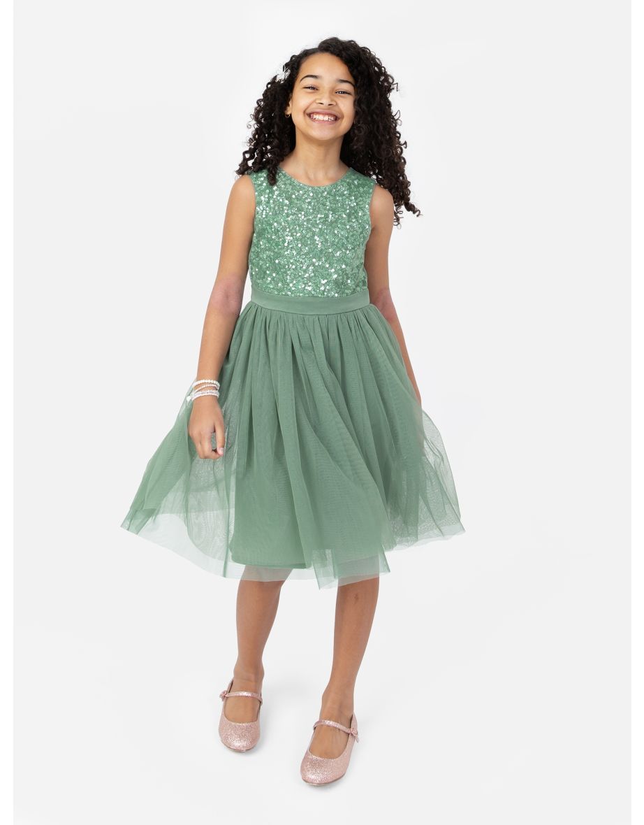 Mini Maya Dark Green Delicate Sequin Midi Dress With Bow