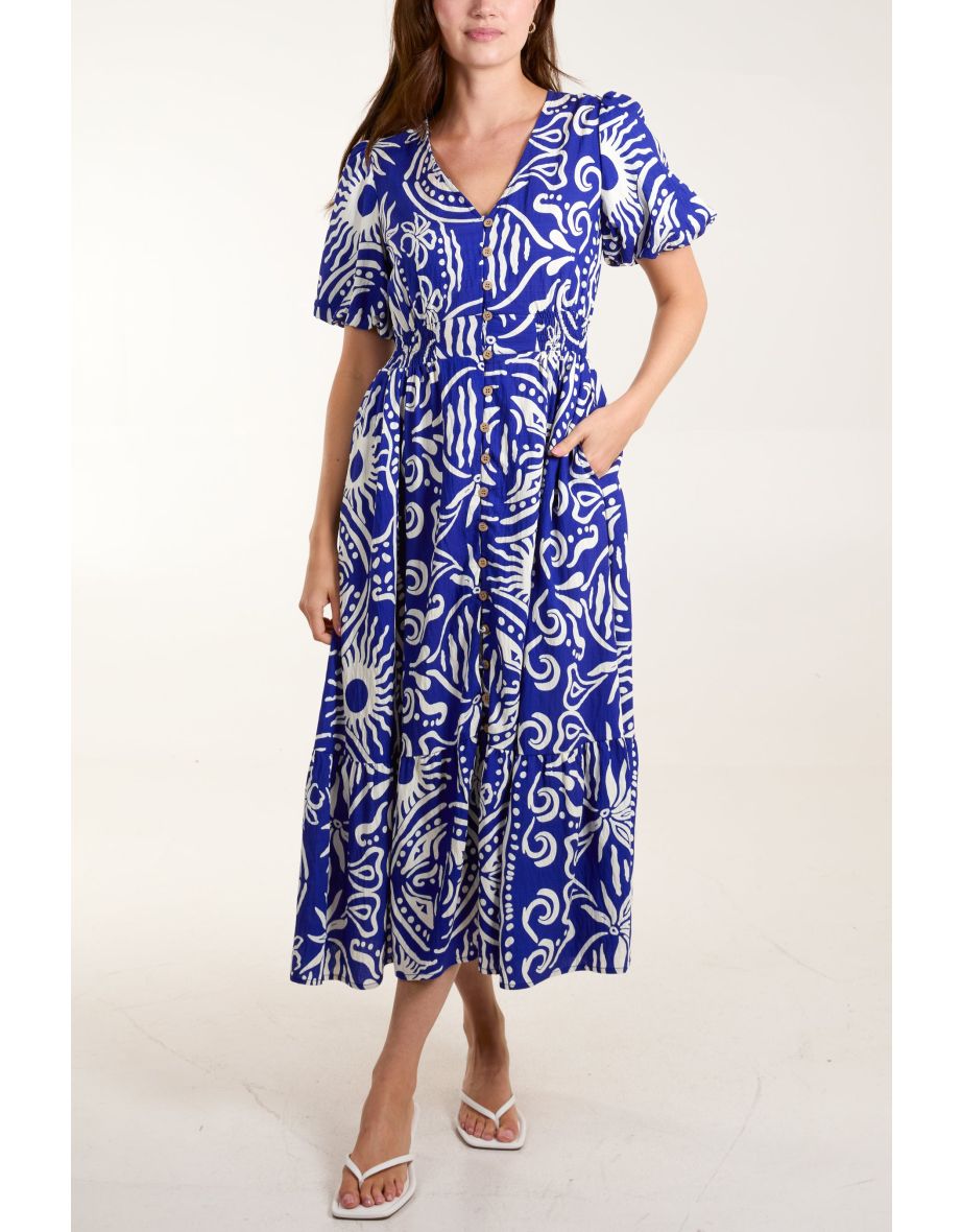 Printed Puff Sleeve Shirred Waist Midaxi Dress