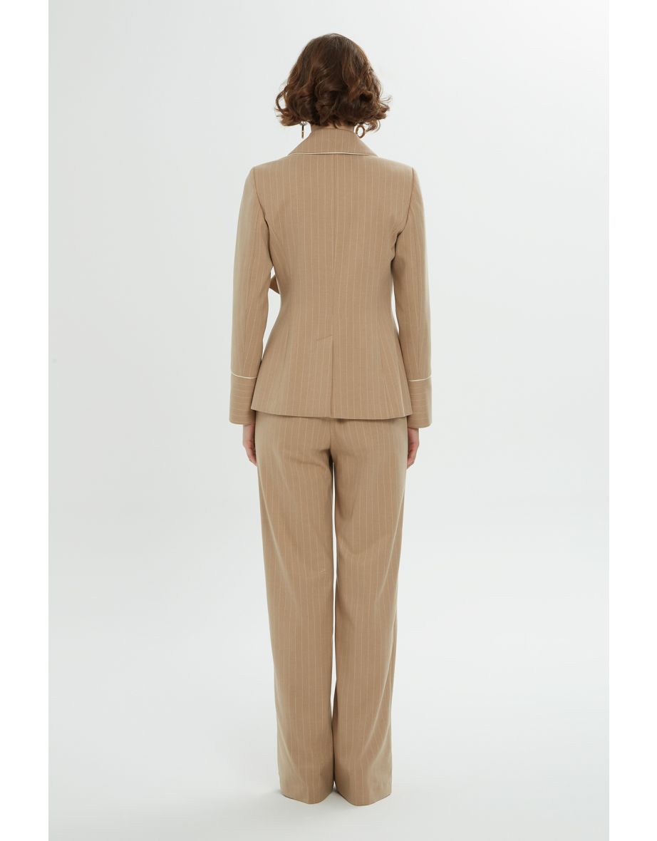 Striped Beige Blazer Trouser Set with Left Side Lace Detail - 6