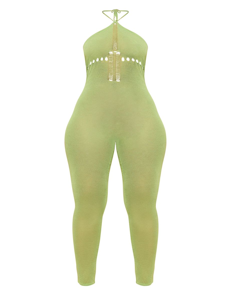 Shape Sage Green Knit Sheer Halterneck Jumpsuit - 4