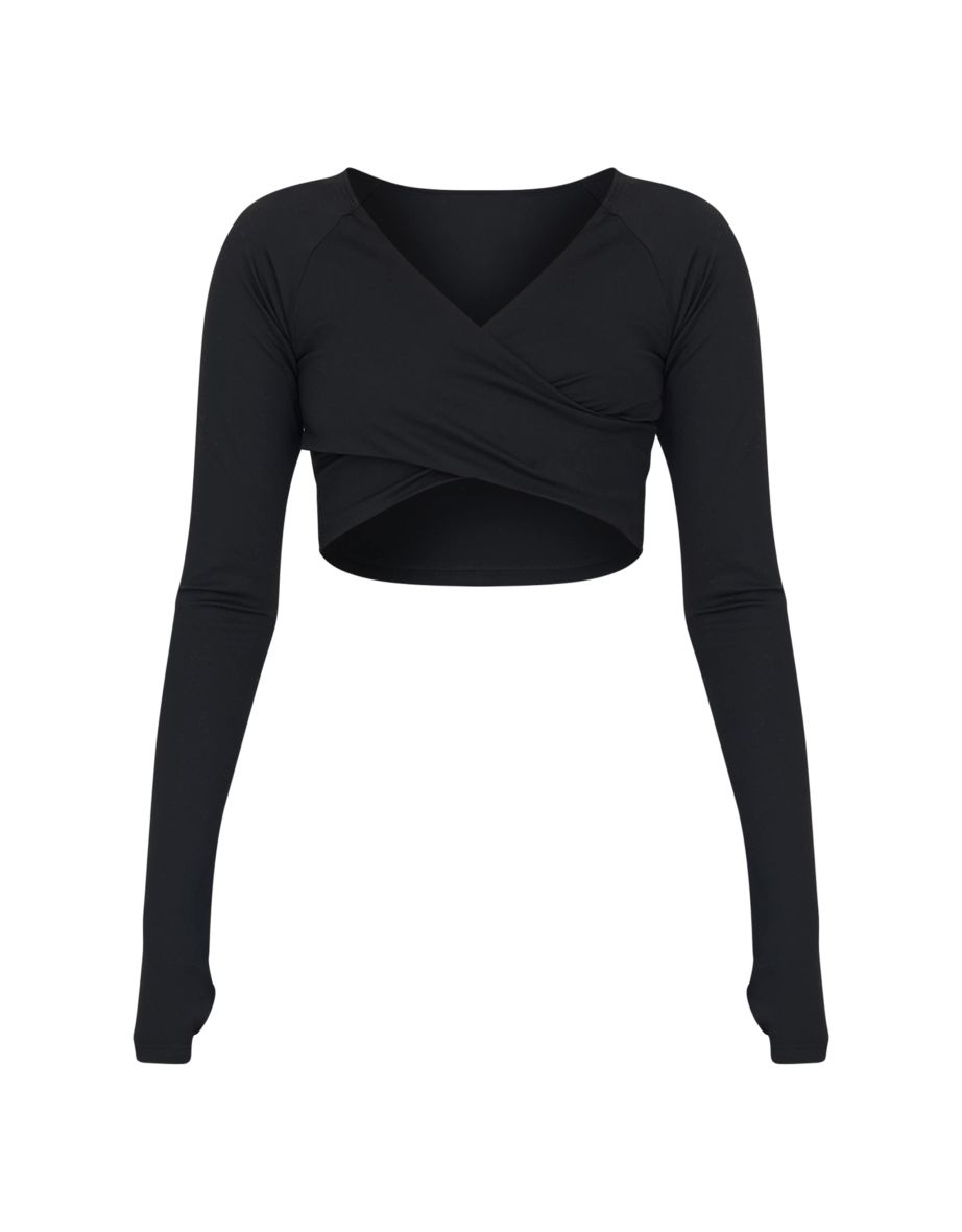 PLT SPORT Deep Black Sculpt Crossover Long Sleeve Gym Crop Top - 4