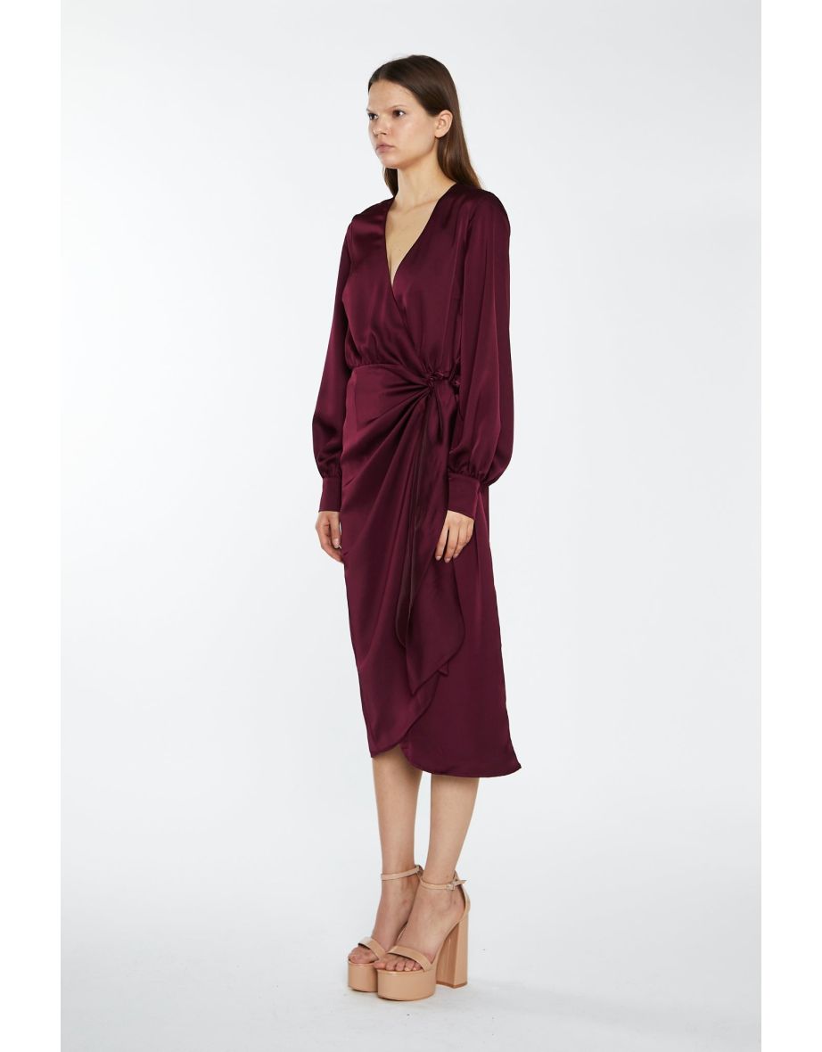 Deep Burgundy Satin Long-Sleeve Wrap Midi-Dress - 3