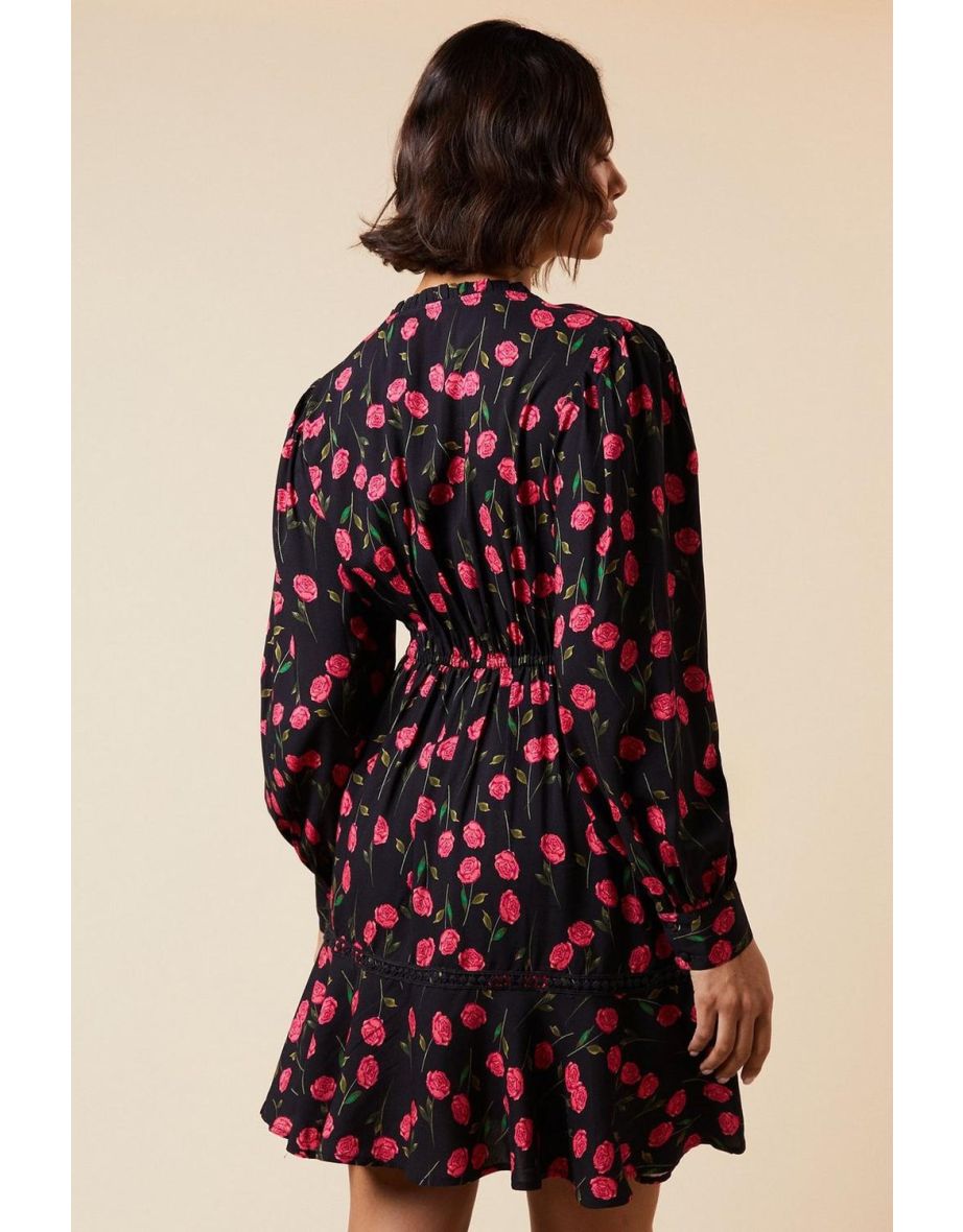 Black Floral Lace Yoke Mini Dress - 3