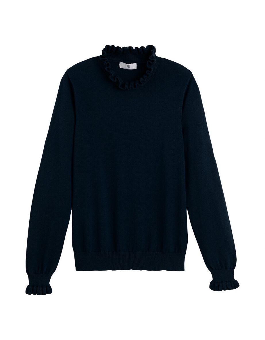 Cotton Long Sleeve Jumper/Sweater with Ruffled High Neck