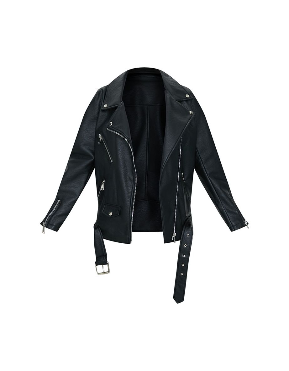 Black Oversized Faux Leather Zip Detail Biker Jacket - 4