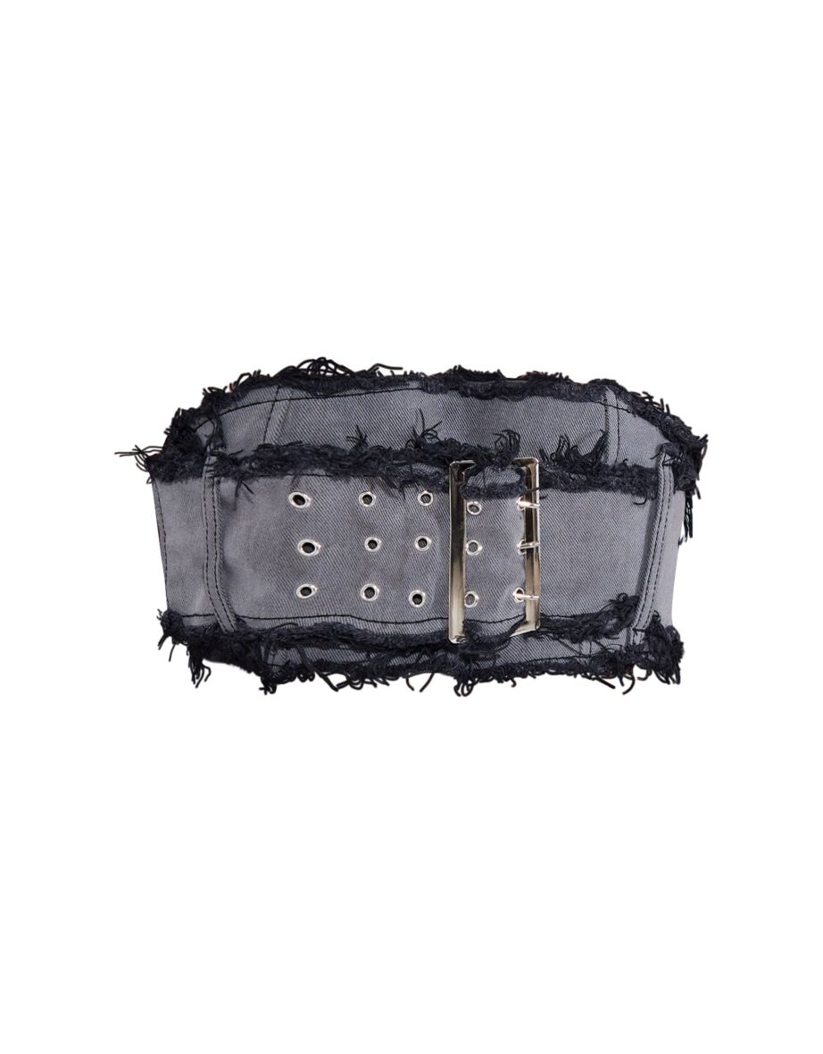 Petite Washed Black Belted Denim Bandeau Top - 4