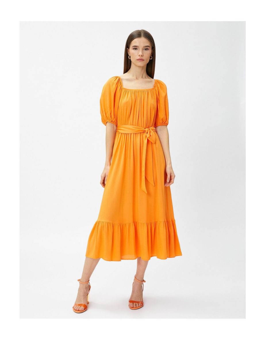Layered Midaxi Length Dress With Open Shoulder Belt