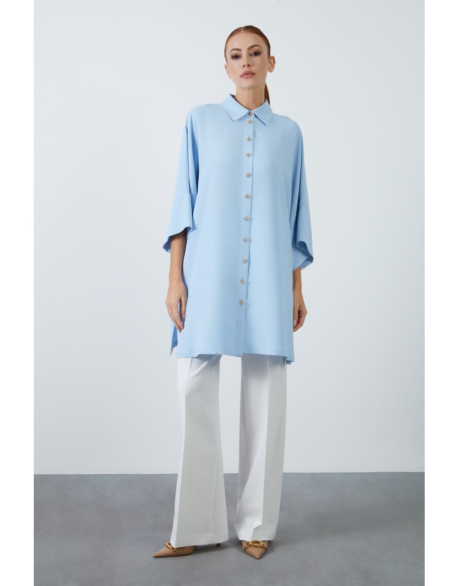 Blue Dress with Double Collar and Metal Buttons with Side Slits