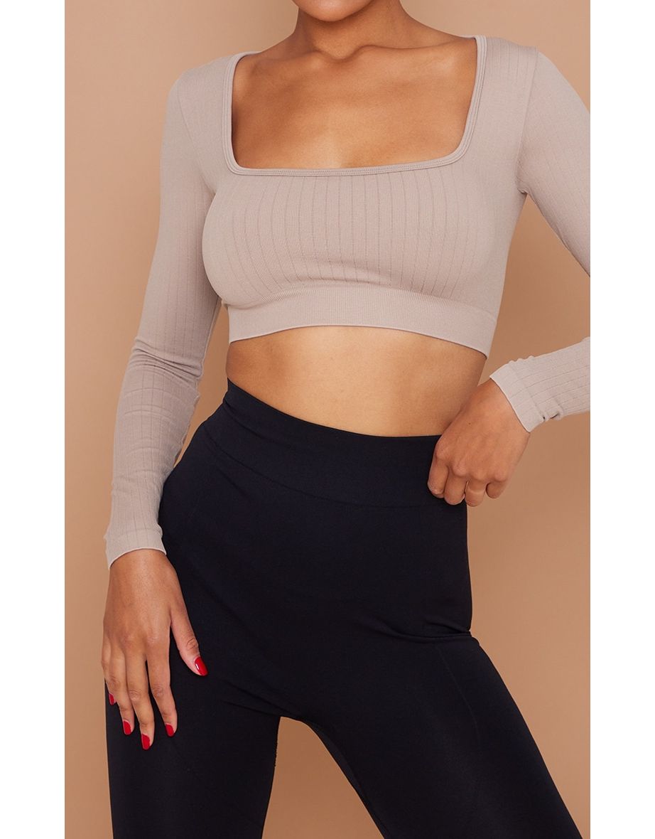 Stone Wide Contour Rib Square Neck Long Sleeve Crop Top - 3