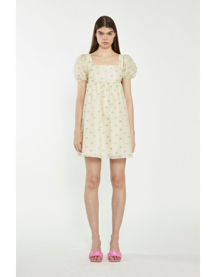 Yellow-Pink-Fruit-Organza Babydoll Mini Dress
