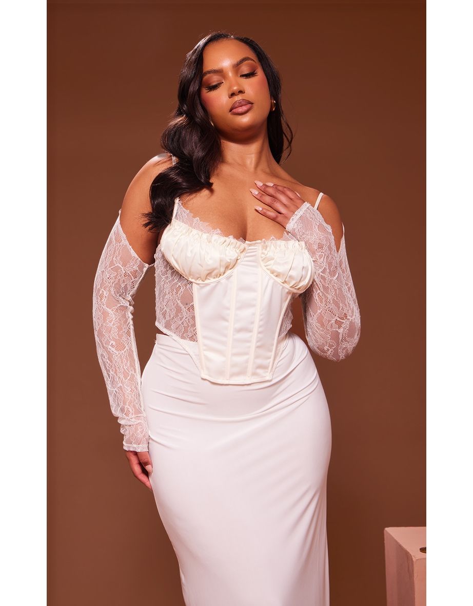 Plus Cream Lace Satin Insert Sleeve Detail Corset