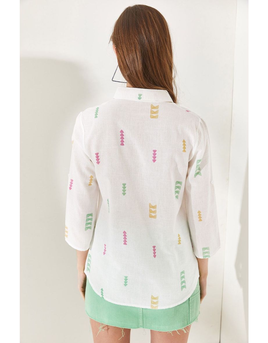 Women's Arrow Green Pink Linen Shirt with Fold Over Sleeves - 4