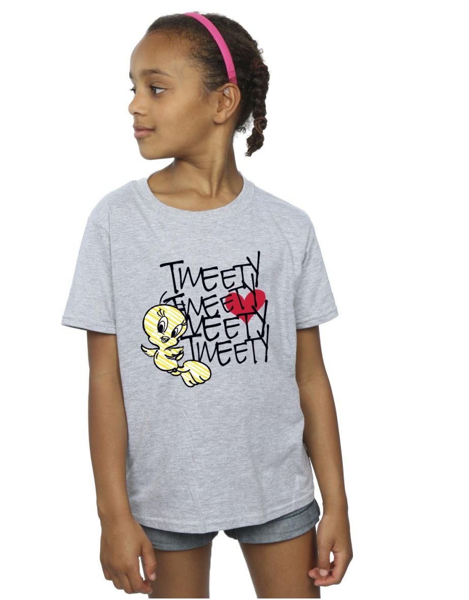 Looney Tunes Girls Tweety Love Heart Cotton T-Shirt - Sports Grey