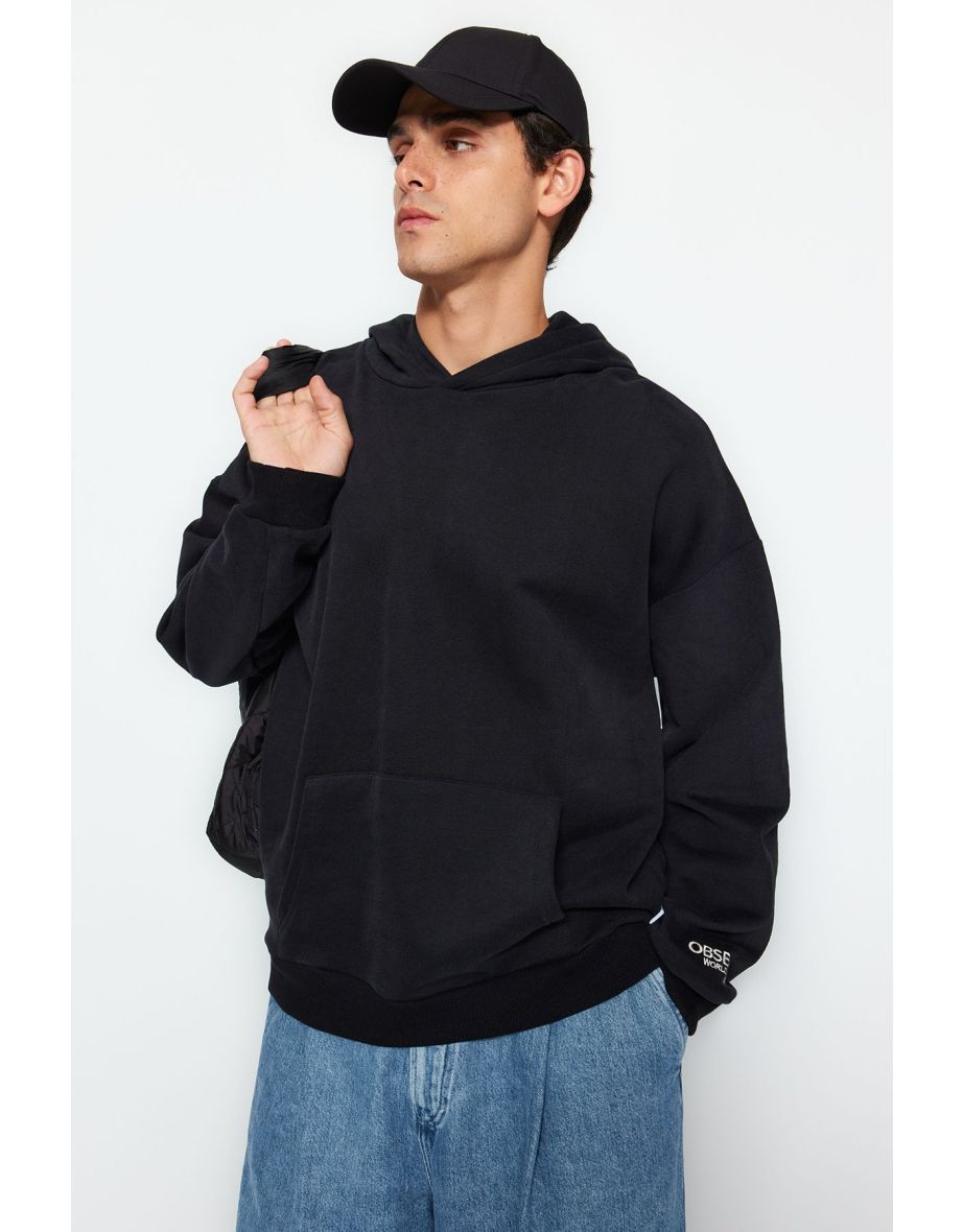Black Oversize/Wide Cut Embroidered Label Soft Fabric Thick Sweatshirt - 7