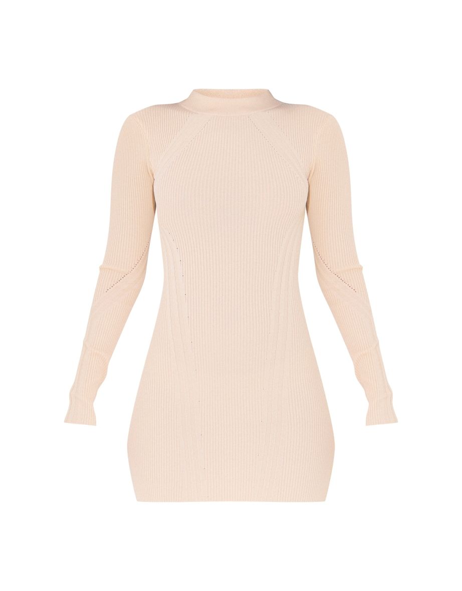 Petite Cream Contrast Knit Long Sleeve Mini Dress - 4