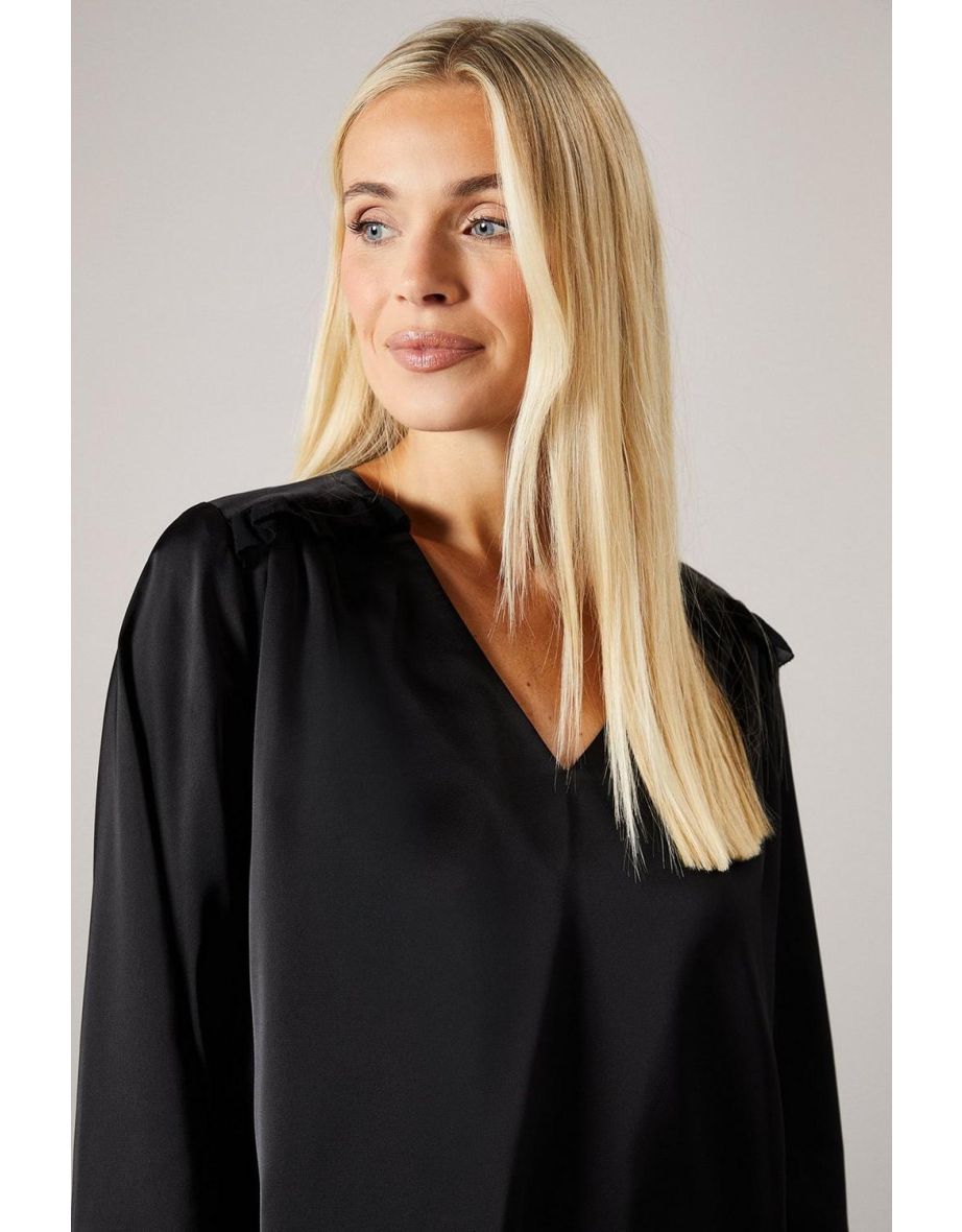 Petite Satin Flute Sleeve Frill Detail Blouse - 3