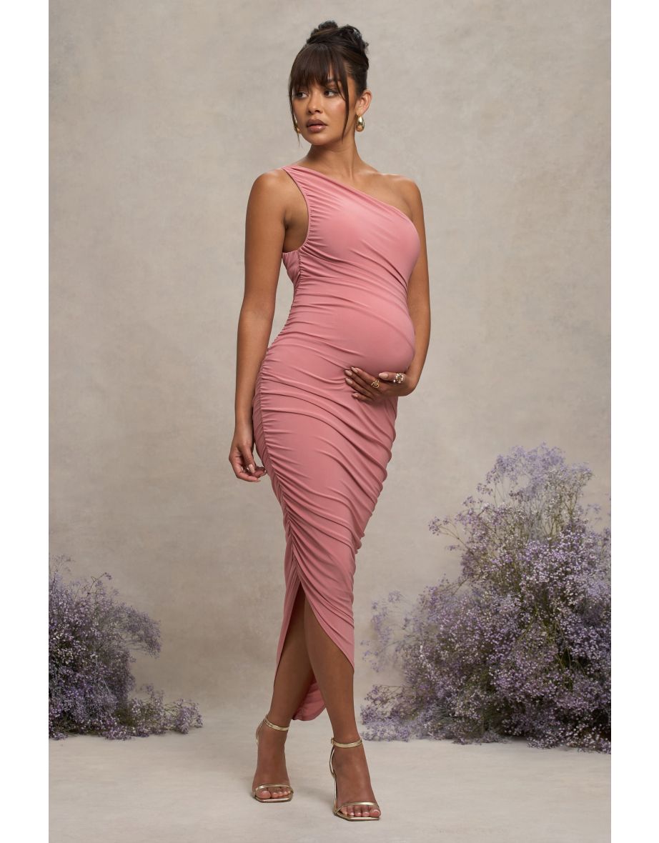 Late Night | Blush Pink Maternity Ruched One Shoulder Midi Dress - 4
