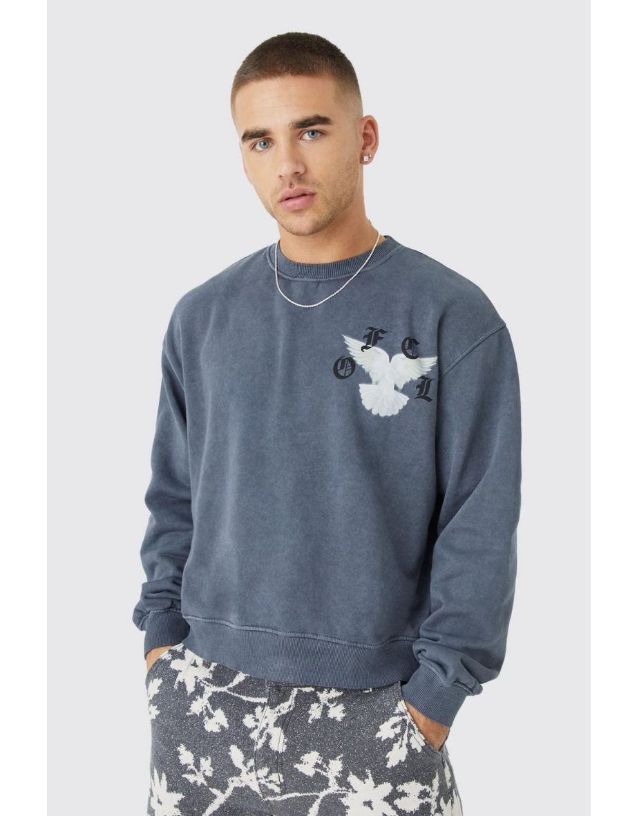 Oversized Boxy Acid Washed Graphic Sweatshirt - charcoal