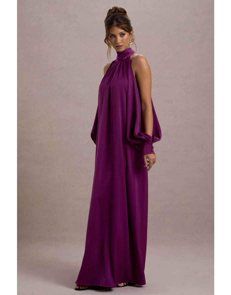 Baila | Mulberry Satin High-Neck Cape-Sleeve Maxi Dress