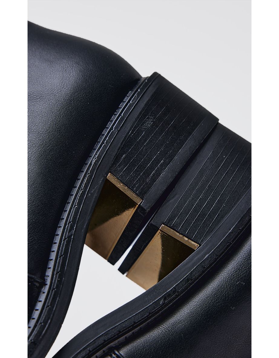 Black Wide Fit Pu Round Toe Gold Buckle Block Heel Knee High Boots - 3