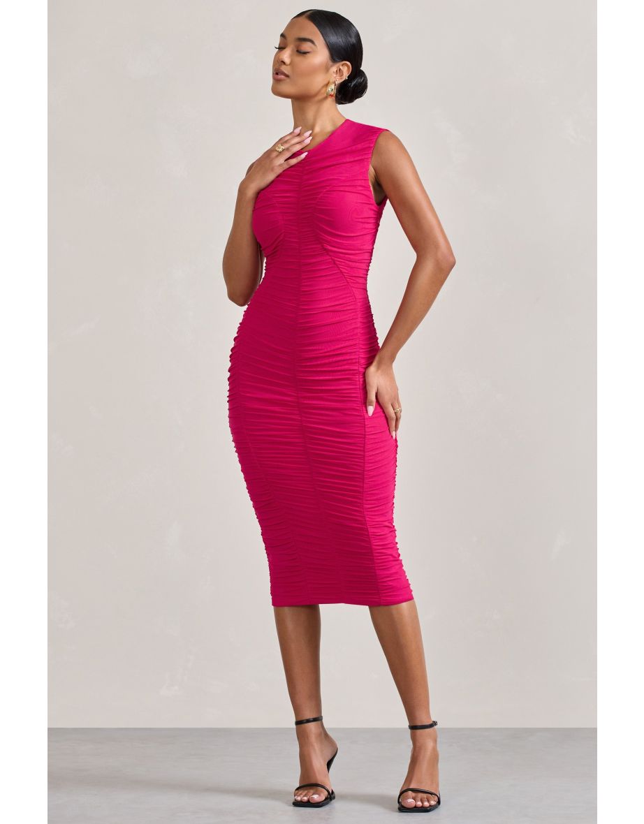 Alight | Fuchsia Pink Ruched Mesh Sleeveless Bodycon Midi Dress - 4