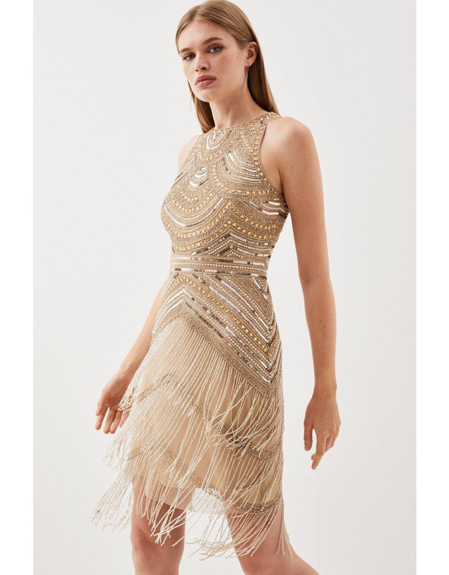 Halter Neck Beaded And Embellished Woven Fringed Mini Dress - 2