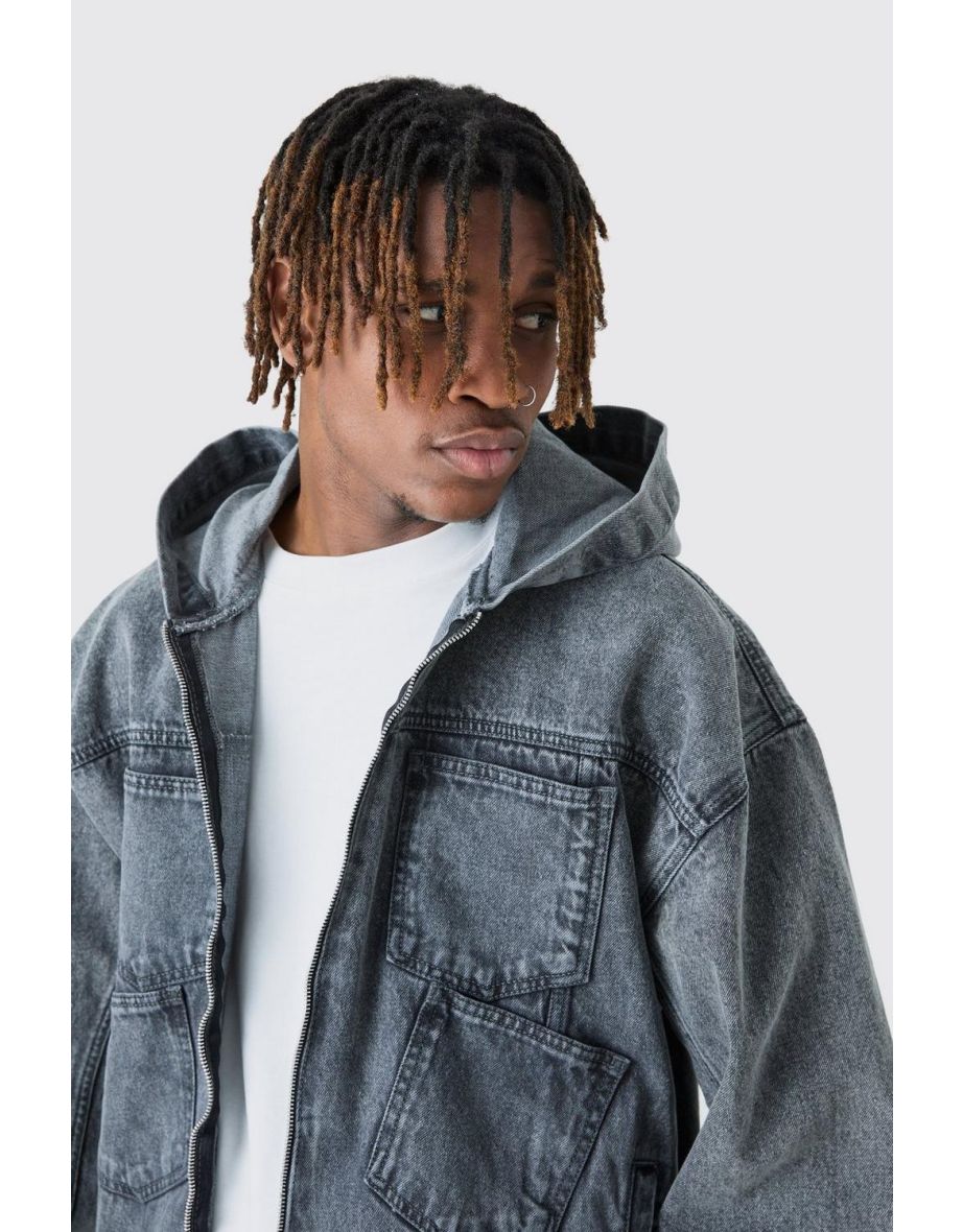 Shop Tall Denim Acid Wash Hoodie Jacket charcoal Online in Bahrain VogaCloset