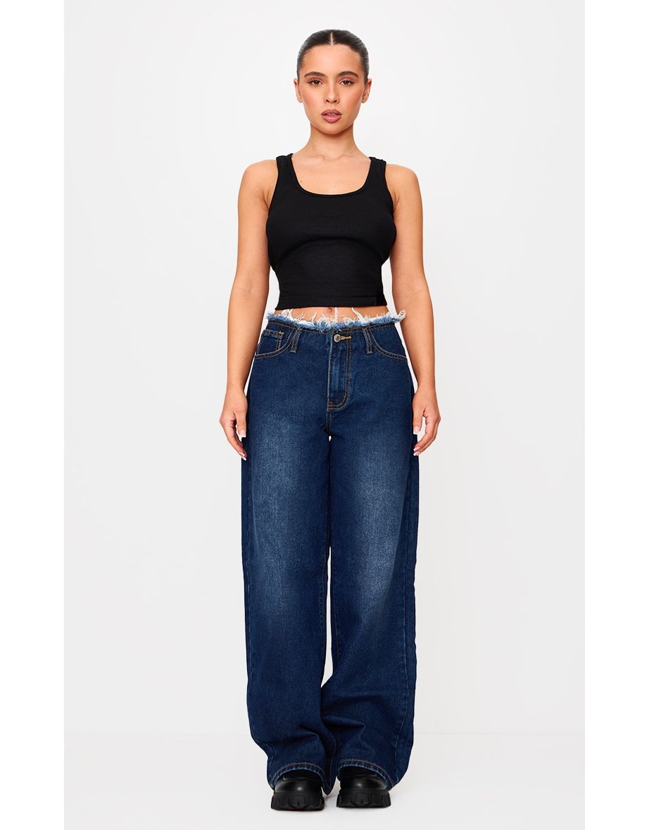 Petite Indigo Fray Waist Low Rise Straight Leg Jeans