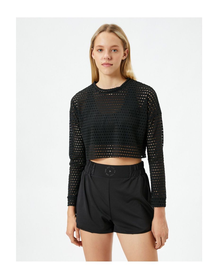 Crop T-Shirt Sportswear Long Sleeve Fishnet Crew Neck