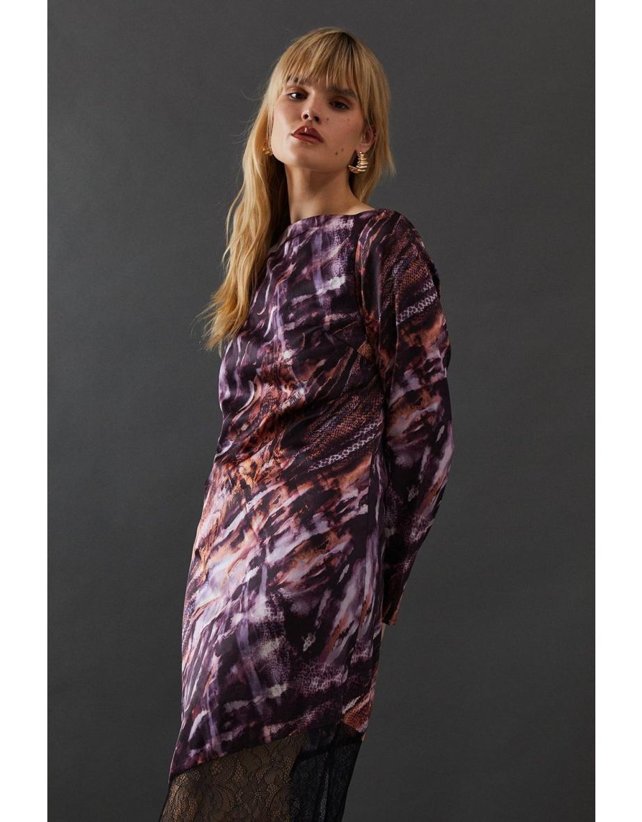 Marble Satin Column Lace Panel Midi Dress - 3